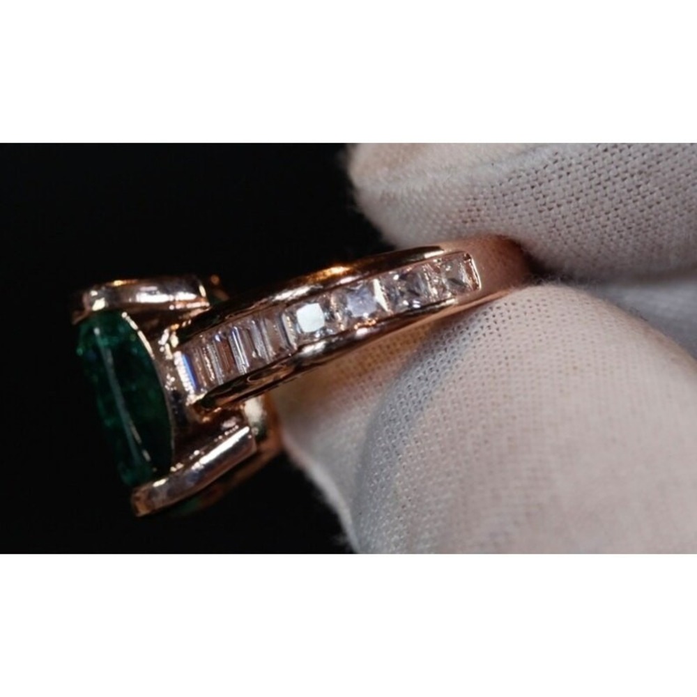 New 6 Rose Gold Simulated Emerald Cocktail Ring‎ Antique Solitaire Baguettes CZ - Picture 5 of 5